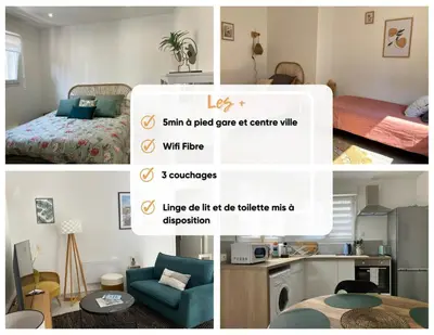 Un ou plusieurs lits dans un hébergement de l'établissement Dewailly, 2 chambres, 3 lits, élégant, 700m centre ville