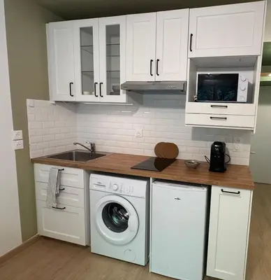 Cuisine ou kitchenette dans l'établissement L'ombelle - Studio vert d'eau avec petit extérieur