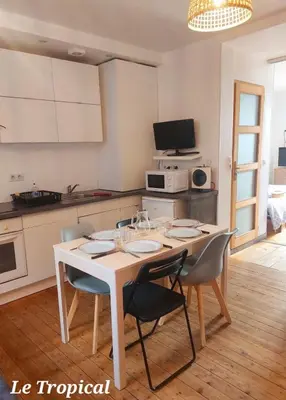 Cuisine ou kitchenette dans l'établissement Les Belles Terrasses Dieppe ,3 appartements , LE VEGETAL de 1 à 8 personnes , LE TROPICAL de 1 à 6 personnes , LE FLORAL avec TERRASSE de 1 à 3 personnes , quartier calme au stationnement gratuit à coté de l'avenue verte