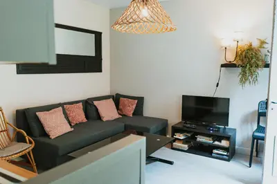 Télévision ou salle de divertissement dans l'établissement Appartement deux pièces bord de mer avec jardin