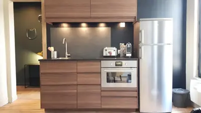Cuisine ou kitchenette dans l'établissement L'Echiquier de Normandie confort cosy et vue premium