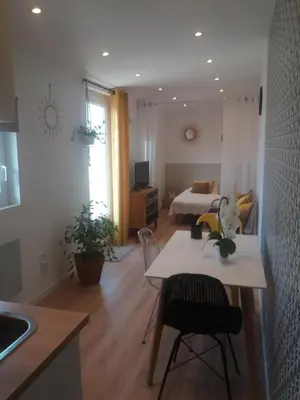 Un ou plusieurs lits dans un hébergement de l'établissement Studio neuf dans propriété au bord de la mer