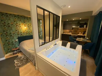 Un ou plusieurs lits dans un hébergement de l'établissement Studio avec baignoire balnéo centre de Rouen - 040