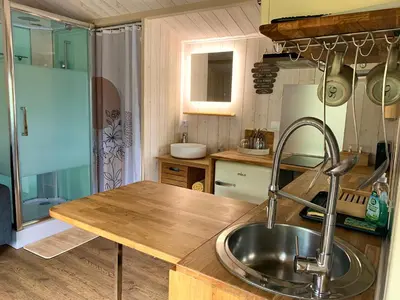 Cuisine ou kitchenette dans l'établissement Chalet cosy bord de Seine 30min paris